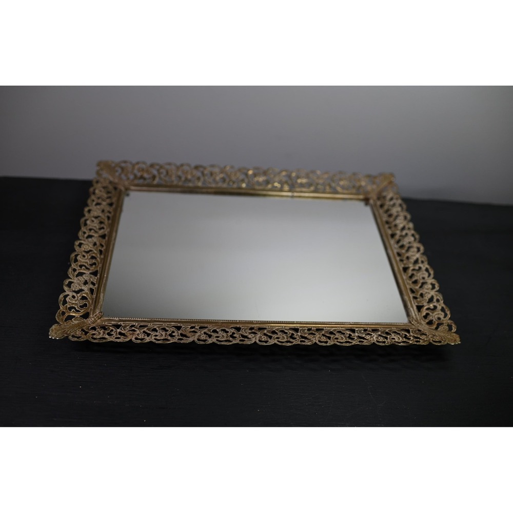 Vintage Brass Mirrored Tray Ornate Gold Filigree Rectangular Vanity Decor 14.5"